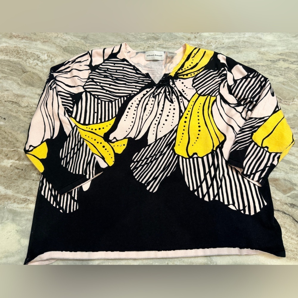 Alfred Dunner Floral Knit Top XL Black Ivory Yellow Short Sleeve